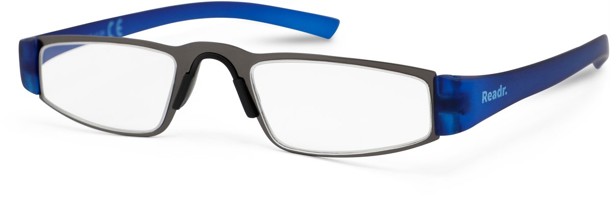 Leesbril Readr. LIMO – Kleur gun/blauw – Sterkte +2.50 – Model lookover - Lichtmetalen montuur– Unisex leesbril – Extra lange rubberized veren – Hoogwaardige kwaliteit – Geschikt voor dagelijks gebruik