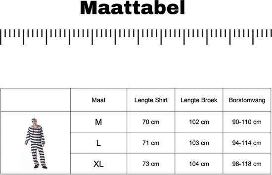 Maattabel voor gevangenis kostuum met gestreepte kleding.