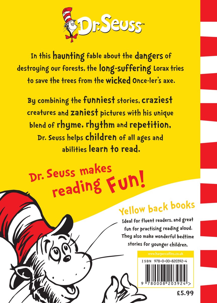 De achterkant van Dr. Seuss' "The Lorax" met tekst en een illustratie van de Cat in the Hat, die "Dr. Seuss maakt lezen leuk!" zegt.