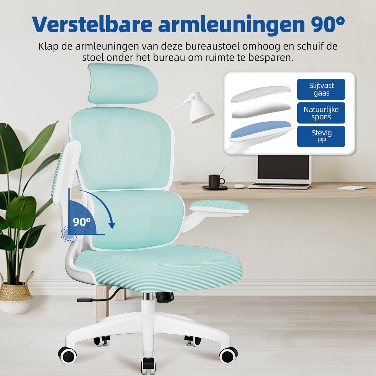 Elekiatech Ergonomische Bureaustoel - Bureaustoel met Opklapbare Armleuningen - Bureaustoelen voor Volwassenen - 150 Kg - Blauwgroen thumbnail 4