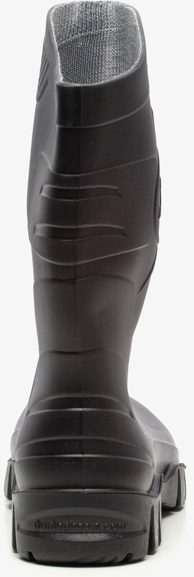 Achterkant van een zwarte Dunlop kuitlaars met textiel aan de binnenzijde.