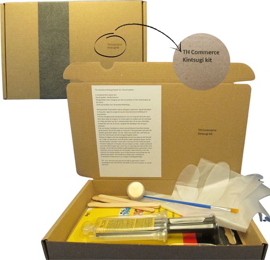 Inhoud van de TH Commerce Kintsugi kit: lijm, kintsugi poeder, mengstokjes, kwastje, handschoenen.