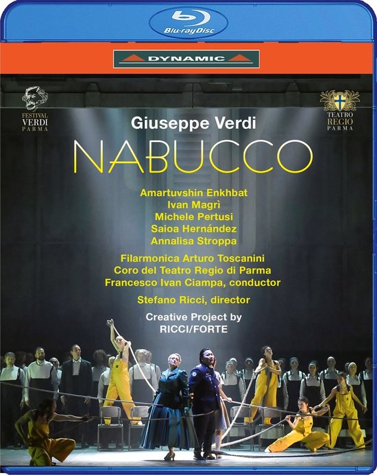 Blu-ray hoes voor 'Nabucco' van Giuseppe Verdi, met tekst en een scène uit de opera.