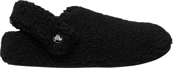 Zwarte Crocs pantoffel met opklapbare band en Crocs logo.