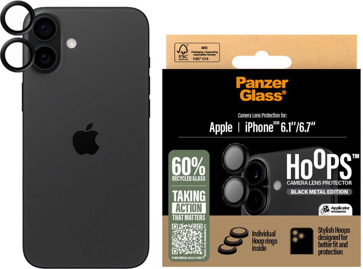 PanzerGlass Screenprotector geschikt voor Apple iPhone 16 Plus Glazen | PanzerGlass Hoops Camera Lens Protector - Case Friendly - Zwart