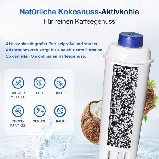 Dwarsdoorsnede van een wit waterfilter met blauwe dop, gevuld met actieve kool, met kokosnoot en waterstralen.