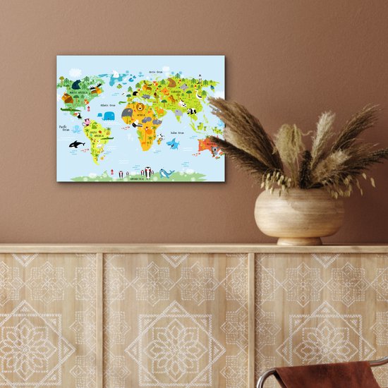 Décoration murale Métal - Peinture Aluminium Industrielle - Wereldkaart - Enfants - Animaux - Nature - Garçons - Filles - 40x30 cm - Dibond - Photo sur aluminium - Décoration murale industrielle - Pour le salon / chambre