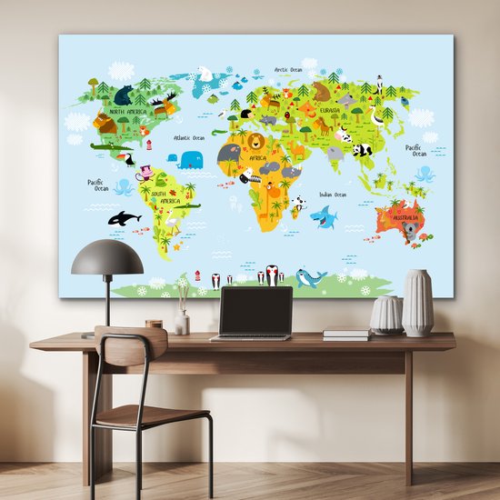 Décoration murale Métal - Aluminium - Wereldkaart - Enfants - Animaux - Nature - 180x120 cm