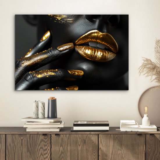 Tableau aluminium 60x40 cm - Décoration murale métal - Lèvres - Or - Abstrait - Zwart - Femme - Décoration murale métal salon - Décoration industrielle - Photo sur dibond - Accessoires industriels chambre