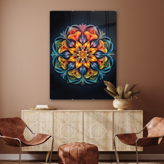 MuchoWow® Tableau sur verre 90x120 cm - Tableau sur verre acrylique - Mandala - Lumière - Couleurs - Zwart - Fleurs - Photo sur verre - Décoration murale salon - Décoration murale chambre - Peintures