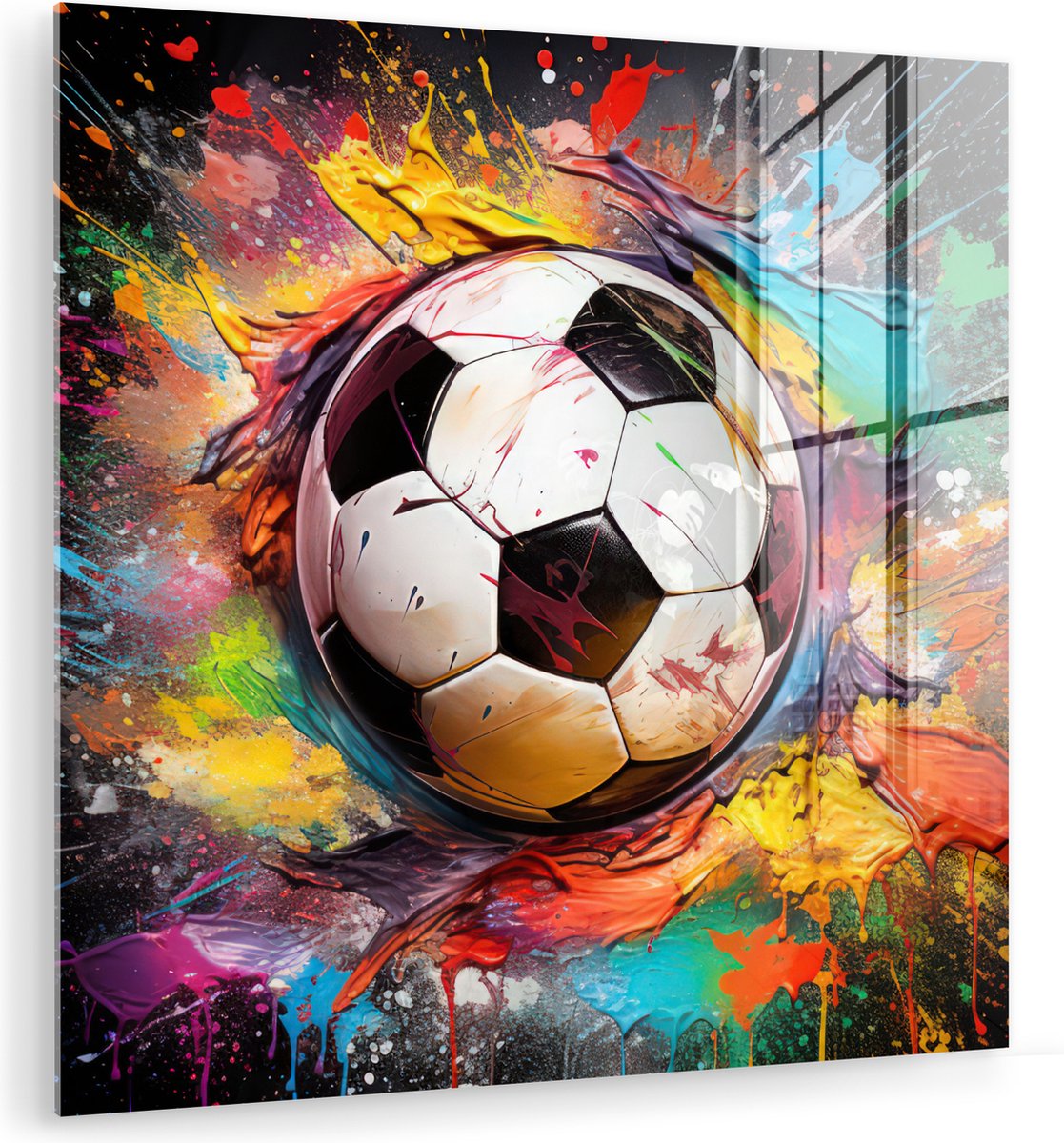 MuchoWow® Glasschilderij 50x50 cm - Schilderij acrylglas - Voetbal - Verf - Kleuren - Zwart - Wit - Foto op glas - Muurdecoratie woonkamer - Wanddecoratie slaapkamer - Schilderijen