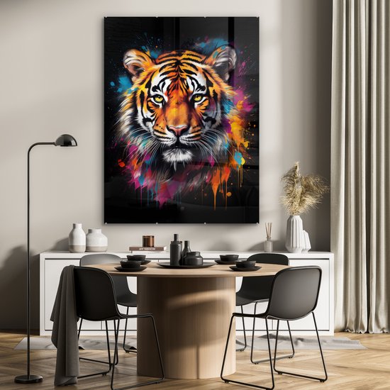 MuchoWow® Tableau sur verre 90x120 cm - Tableau sur verre acrylique - Tigre - Graffiti - Animaux - Zwart - Photo sur verre - Décoration murale salon - Décoration murale chambre - Peintures