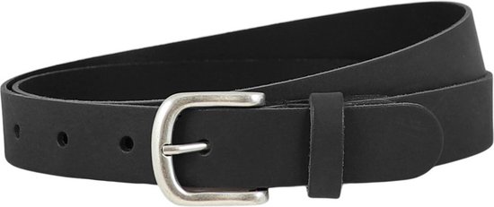Zwarte leren damesriem met zilverkleurige gesp en meerdere gaatjes.