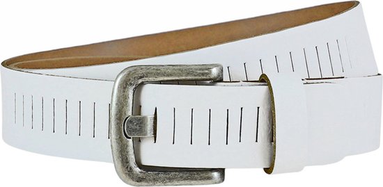 Landley Leather Perforated Slotted Riem - Femme et Homme - Largeur 4 cm - Ceinture unisexe - Cuir véritable - Wit - Longueur totale 105 cm / Taille de ceinture 85