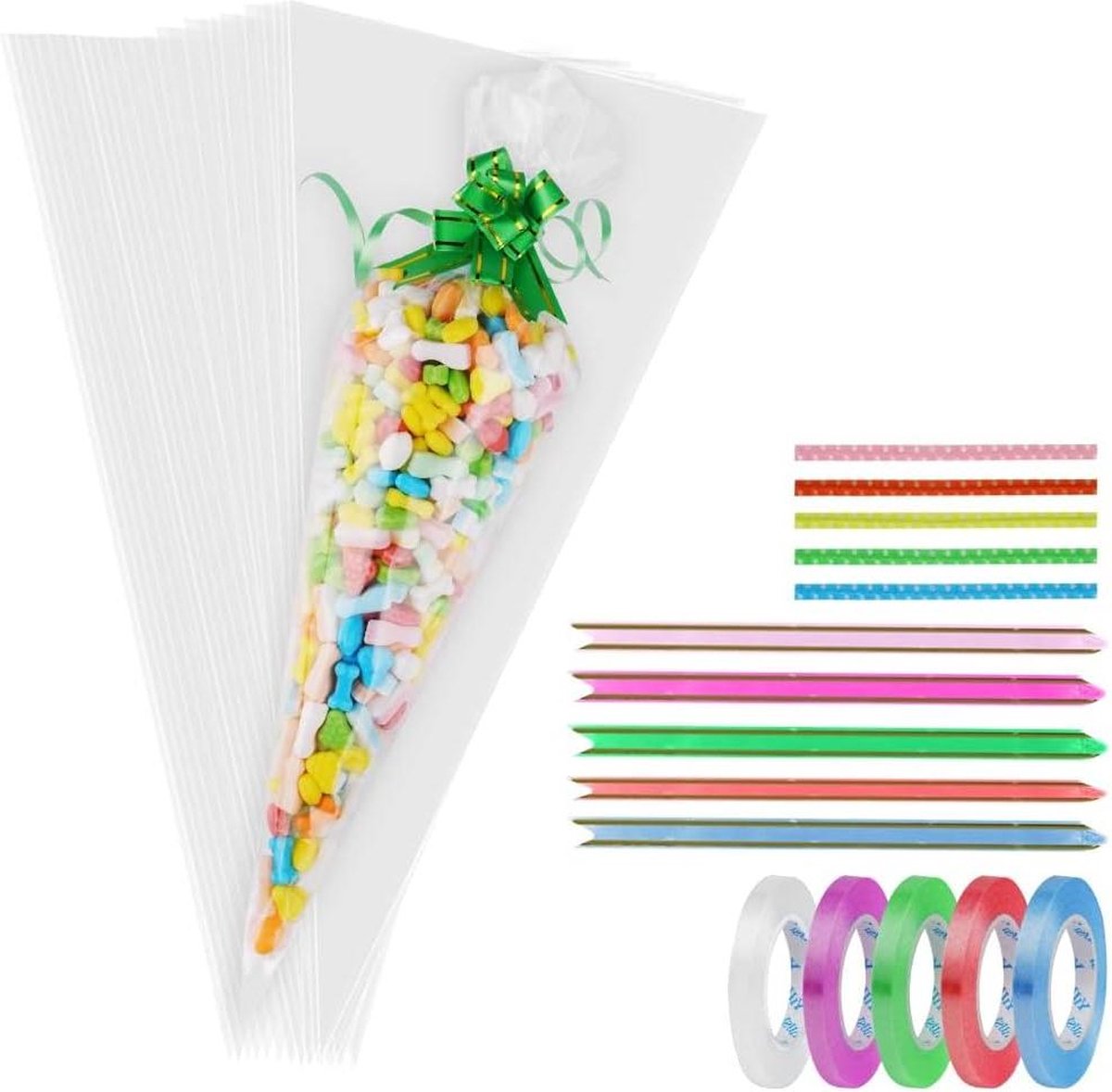 50 stuks doorzichtige kegelzakken - kegelzakken 16 x 30 cm - zoete zakjes - gemengde kleuren trekstrikken - 100 stuks twistbanden - 5 stuks lint - snoep koekjes bakken .