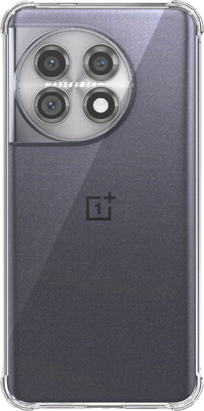 Transparante, schokbestendige telefoonhoes voor de OnePlus 11 met zichtbare cameralens.