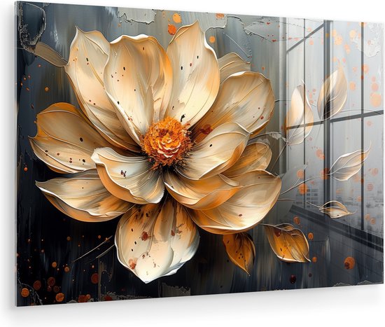 MuchoWow® Glasschilderij 120x80 cm - Schilderij acrylglas - Bloemen - Goud - Kunst - Zwart - Modern - Foto op glas - Muurdecoratie woonkamer - Wanddecoratie slaapkamer - Schilderijen