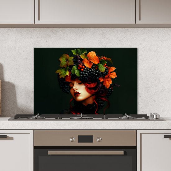 Crédence de Cuisinière en Aluminium 70x50 cm - Femme - Rouge - Vert - Raisins - Écran Pare-éclaboussures pour Plaque de Cuisson - Protection Murale