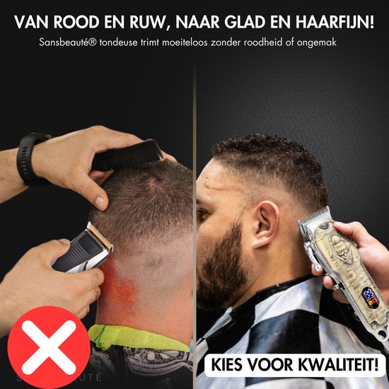Voor en na: links een rode, geïrriteerde huid na trimmen, rechts een gladde huid met Sansbeauté tondeuse.
