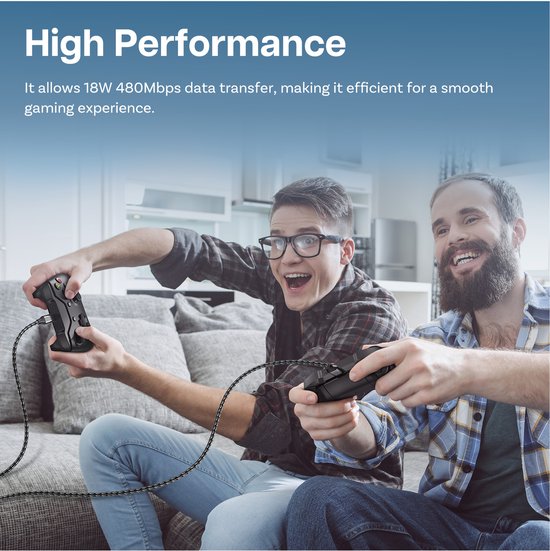 Twee mannen spelen op een console met zwarte gevlochten kabels verbonden aan hun controllers.