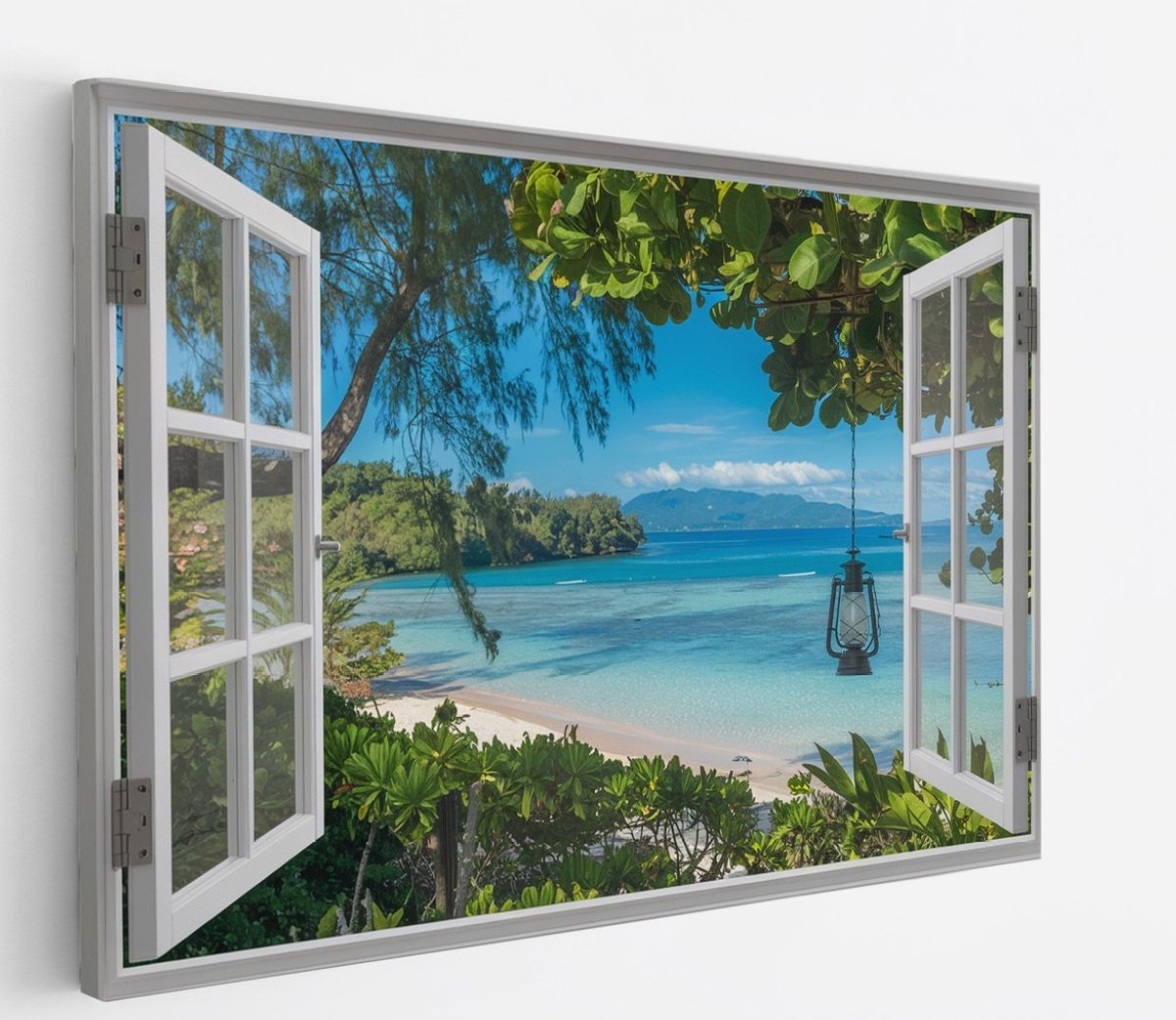 Saammp Canvas Schilderij - tropisch Strand en zee - Natuur - Doorkijk - 90x60 - Foto op canvas - Wanddecoratie - Muurdecoratie Woonkamer - Slaapkamer decoratie - Canvas Print Multicolor