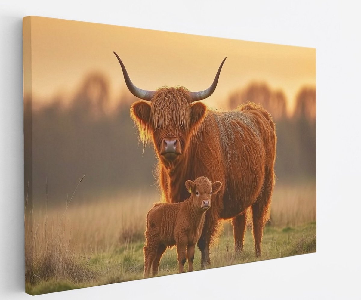 Saammp Canvas Schilderij - Schotse Hooglander Koe - Kalf - Landschap - Dieren - Natuur - 60x40 - Foto op canvas - Wanddecoratie - muurdecoratie Woonkamer - Slaapkamer decoratie - Canvas Print Multicolor