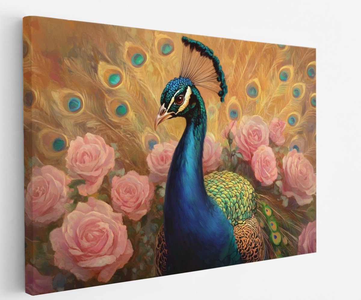 Saammp Canvas Schilderij - Pauw - Roze Rozen - Bloemen - Dieren - Natuur - 100x75 - Foto op canvas - Wanddecoratie - muurdecoratie Woonkamer - Slaapkamer decoratie - Canvas Print Multicolor