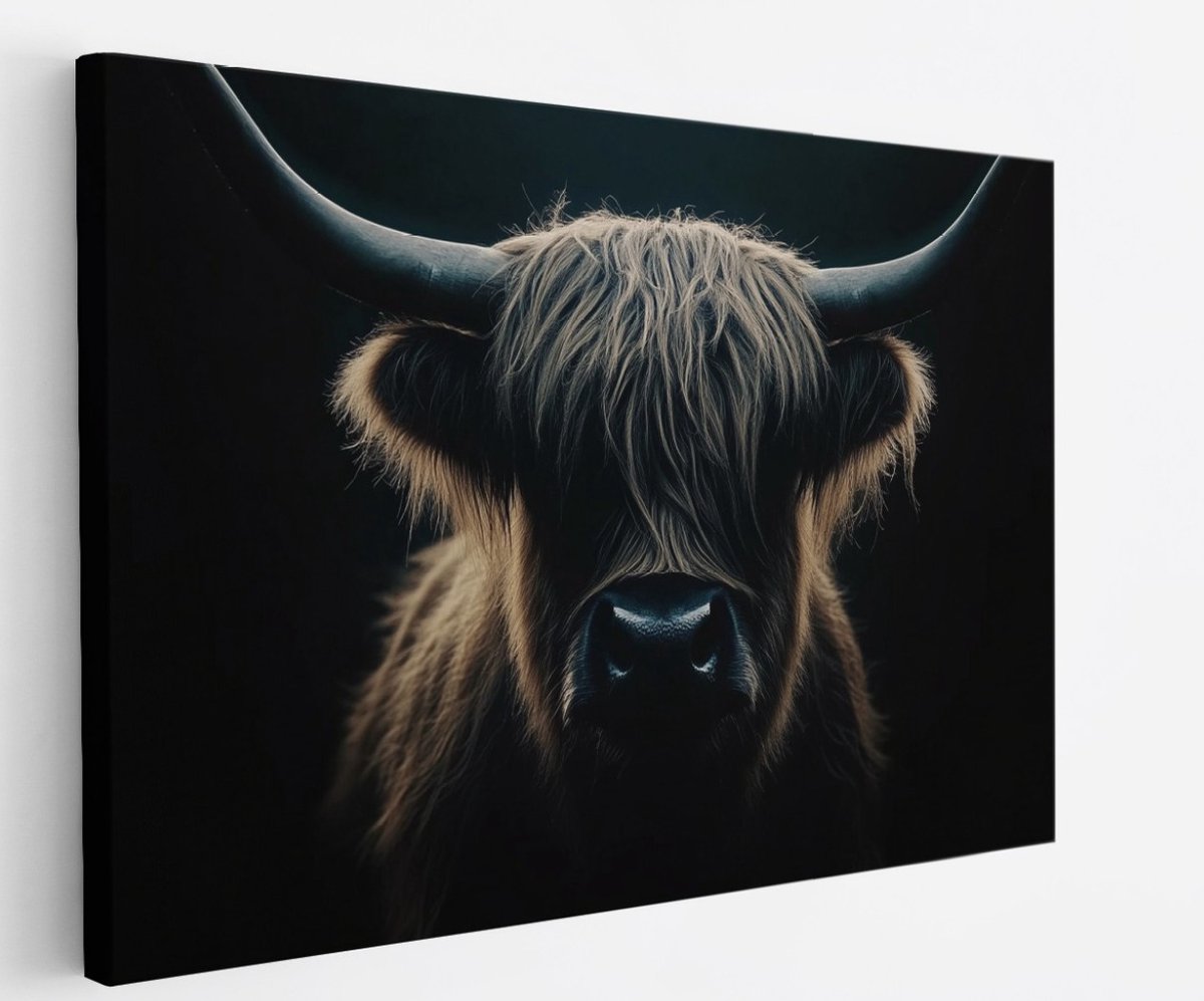 Saammp Canvas Schilderij - Schotse hooglander koe - Portret - Dieren - 120x80 - Foto op canvas - Wanddecoratie - Muurdecoratie Woonkamer - Slaapkamer decoratie - Canvas Print Multicolor