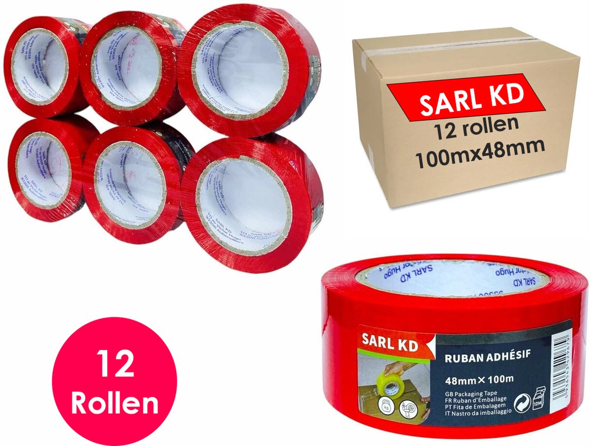 Verpakkingstape - 12 rollen - Rood - PP Plakband - 100m x 48mm - Polypropylene tape - SARL KD®