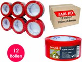 Verpakkingstape - 12 rollen - Rood - PP Plakband - 100m x 48mm - Polypropylene tape - SARL KD®