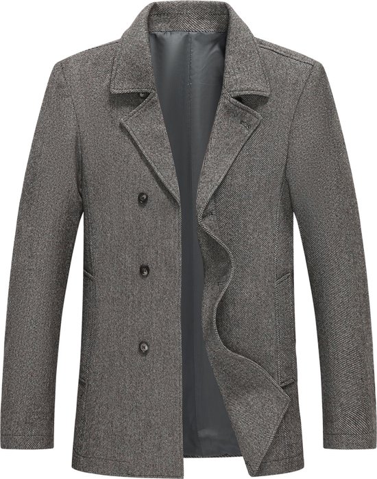 Veste grise à chevrons pour homme, ouverte avec des boutons.