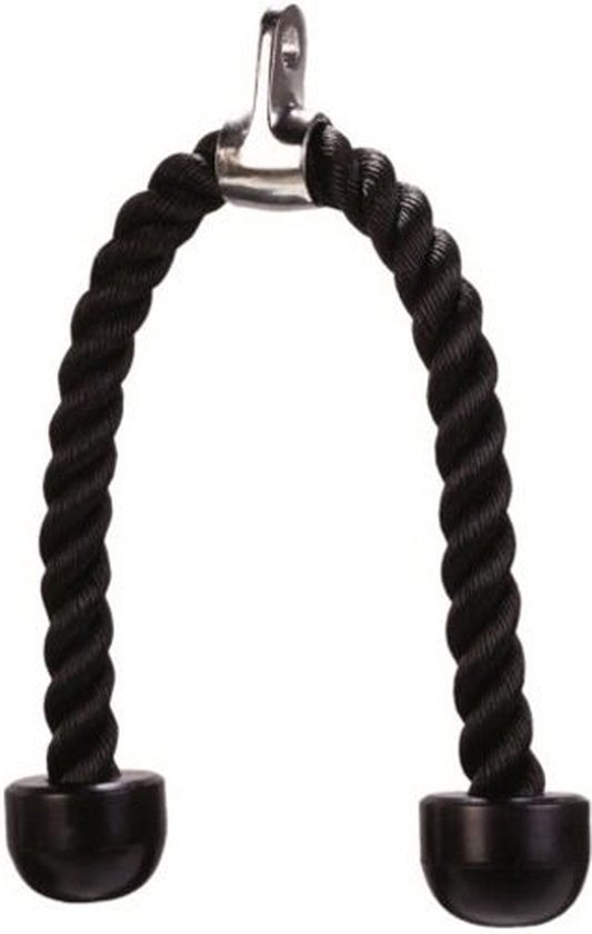 Zwarte triceps touwen met rubberen doppen en zilveren metalen ring, in U-vorm.
