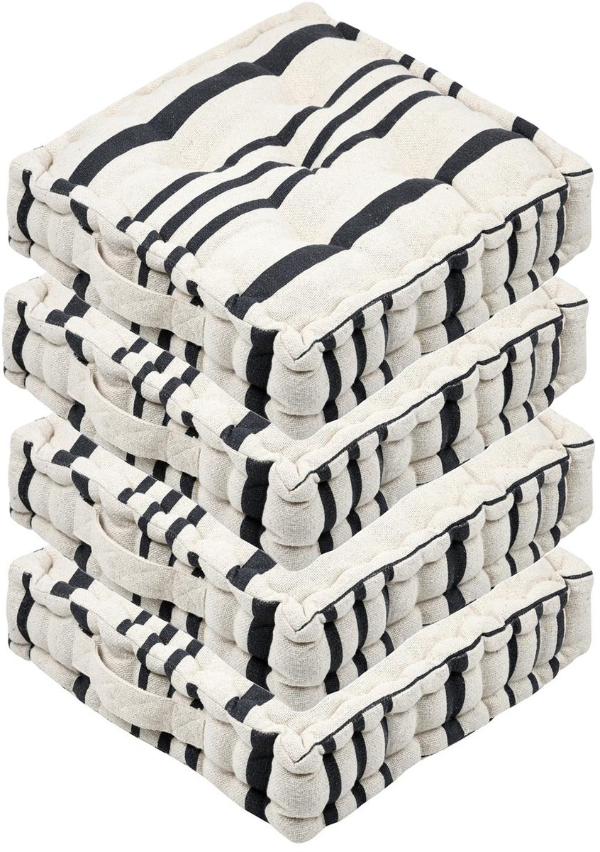 Stof Textile Vloerkussen Beach - 4x - creme wit/grijs - katoen - 45 x 45 x 10 cm - Extra dik - extra zitplaatsen - spelen - gamen - relaxen