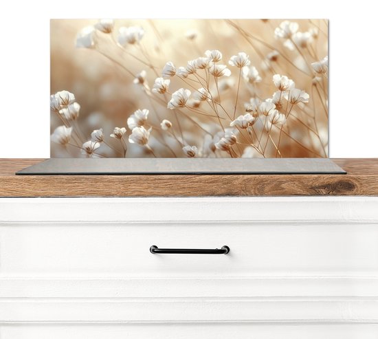 Crédence de Cuisinière en Aluminium 60x30 cm - Sauvage - Fleurs - Blanc - Écran Pare-éclaboussures pour Plaque de Cuisson - Protection Murale