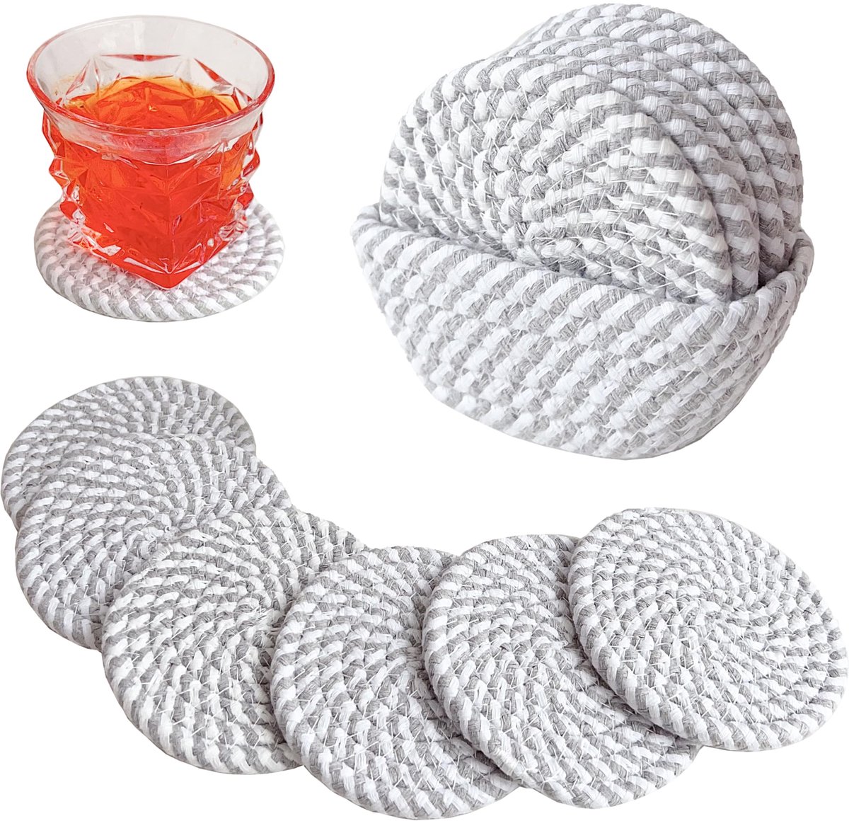My Ninki ® Stijlvolle Handgemaakte Katoenen Onderzetters met Opslagmand voor Diverse Interieurs en Geschenkideeën
