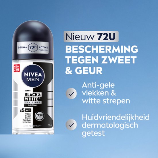 NIVEA MEN Black & White Original Anti-Transpirant Deo Roller - Anti-vlekken Deo - Voordeelverpakking - 6 x 50 ml