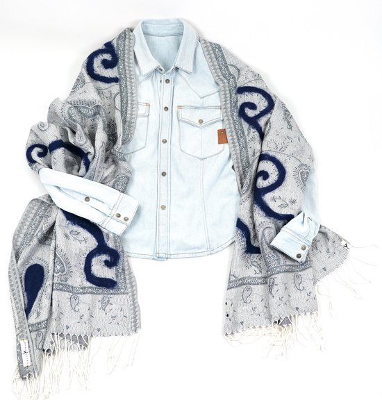 YELIZ YAKAR - Handmade in Nederland - wol punched Paisley Pashmina sjaal "Ladakh V"- hand -blauwe en grijze kleur tinten met donkerblauwe - enkel exemplaar - cadeau vrouw