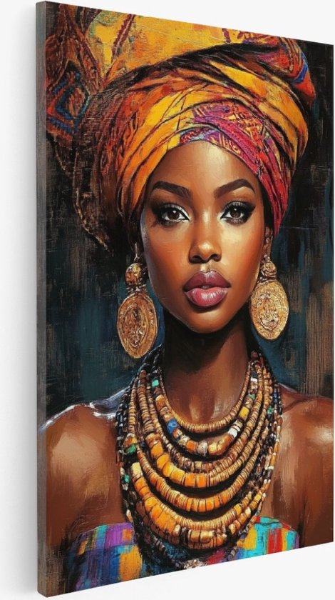 Saammp - Canvas Schilderij - Afrikaanse vrouw met sieraden en gekleurde tulband - abstract - 60x90 - Foto op canvas - Wanddecoratie - Muurdecoratie Woonkamer - Slaapkamer decoratie - Canvas Print