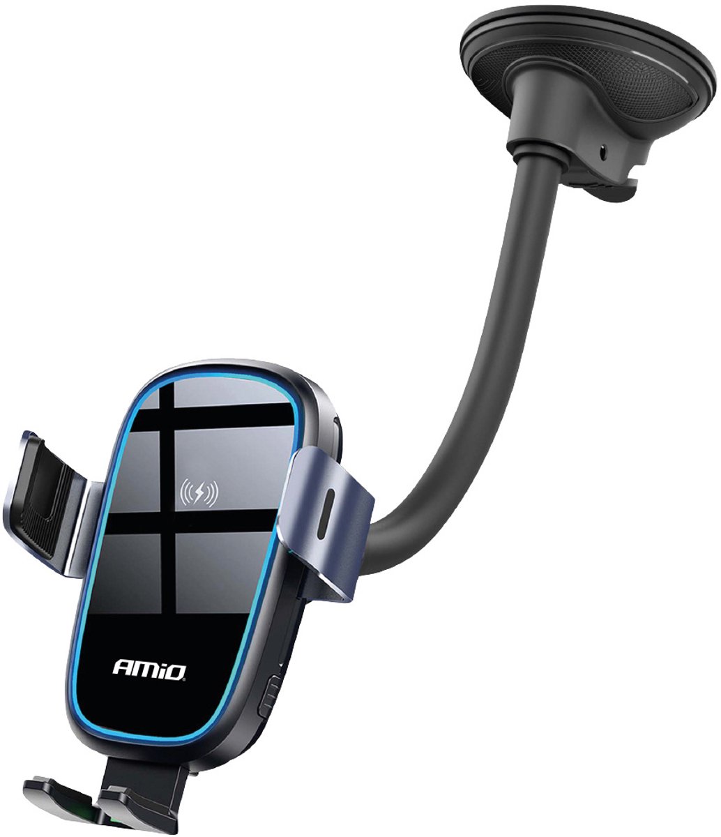 AMiO Suction Mount Telefoonhouder met 15W Draadloze Oplader - Verstelbare Arm en Herbruikbare Zuignap Zwart