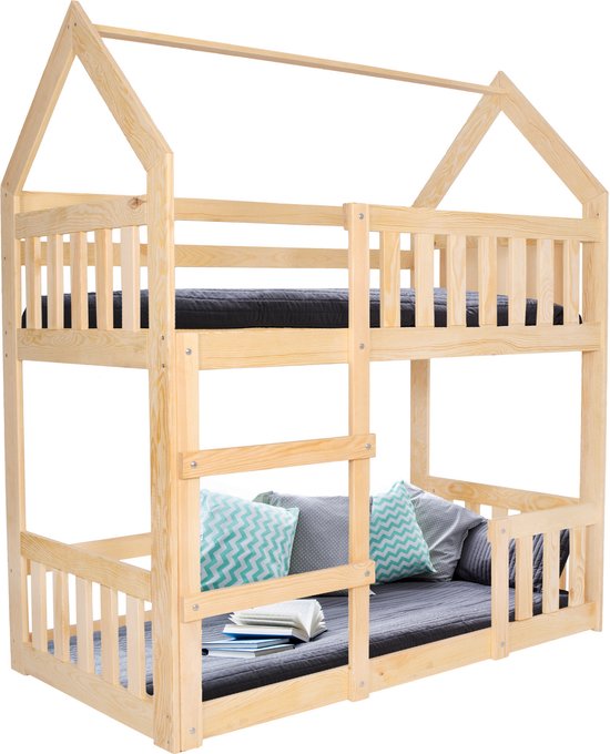 Lit pour enfant Muntel® - Lit superposé - Sécurité - Bois de pin - Escaliers - Jusqu'à 100 kg - Marron clair - 164 x 87 x 184 cm