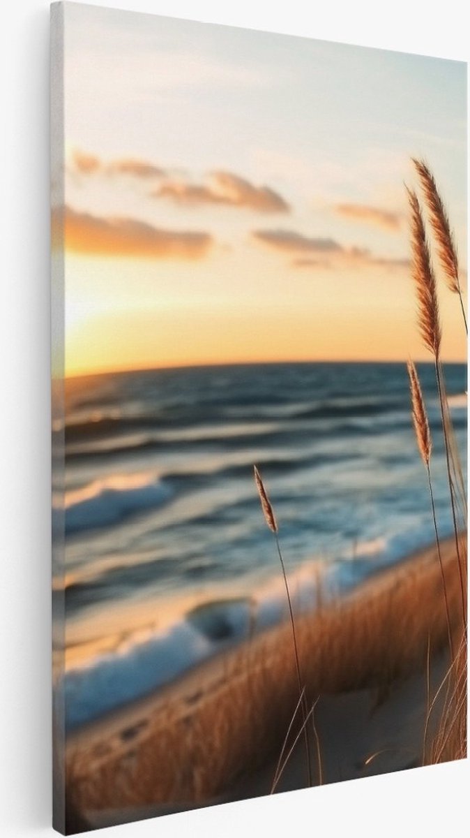 Saammp Canvas Schilderij - Zonsondergang vanuit de duinen - Strand - Zee - 20x30 - Foto op canvas - Wanddecoratie - muurdecoratie Woonkamer - Slaapkamer decoratie - Canvas Print Multicolor