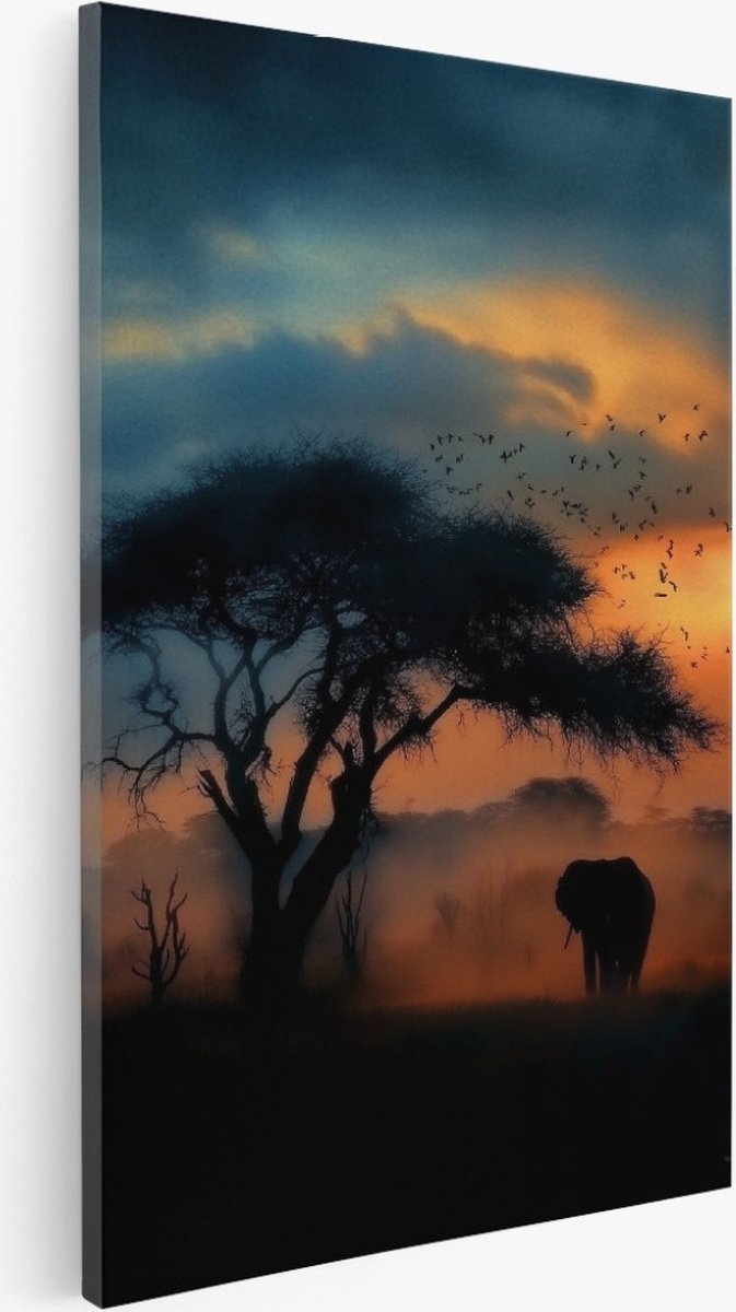 Saammp Canvas Schilderij - Olifant bij boom - Afrika - Natuur - Dieren - 20x30 - Foto op canvas - Wanddecoratie - Muurdecoratie Woonkamer - Slaapkamer decoratie - Canvas Print Multicolor