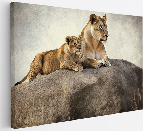Saammp Canvas Schilderij - Leeuw met welp op steen - Dieren - Natuur - 30x20 - Foto op canvas - Wanddecoratie - Muurdecoratie Woonkamer - Slaapkamer decoratie - Canvas Print