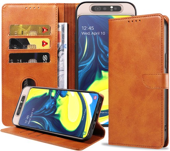 Étui portefeuille marron en similicuir avec porte-cartes, ouvert pour montrer un téléphone Samsung Galaxy A80 et des cartes.