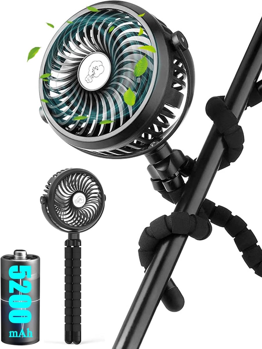 Draagbare USB-ventilator met 5200 mAh batterij - Stille mini-tafelventilator met 3 snelheden en 360 graden verstelbaar
