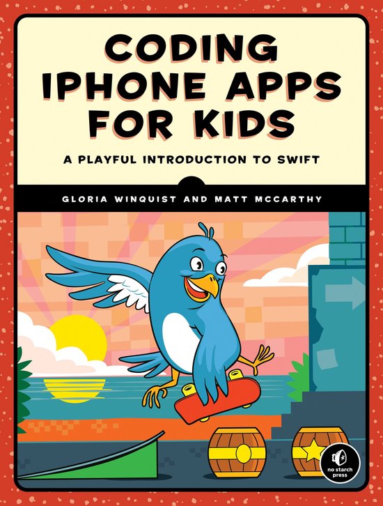 Boek 'Coding iPhone Apps for Kids' met een blauwe vogel op een skateboard.