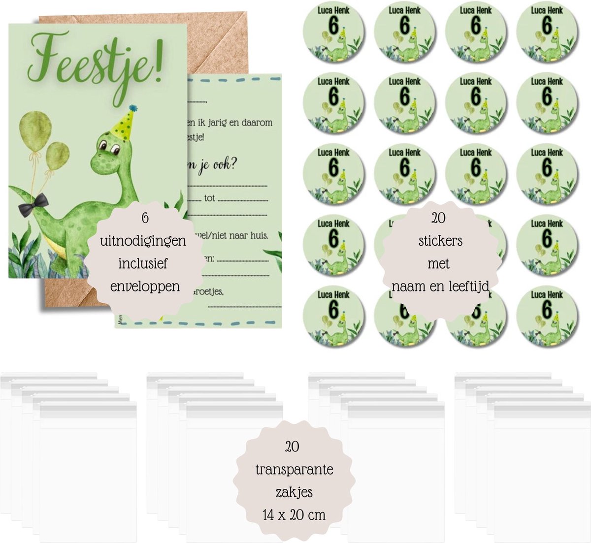 Dino Traktatie Uitdeelset - Compleet Feestpakket met Uitnodigingen, Gepersonaliseerde Stickers en Transparante Zakjes — afbeelding 4