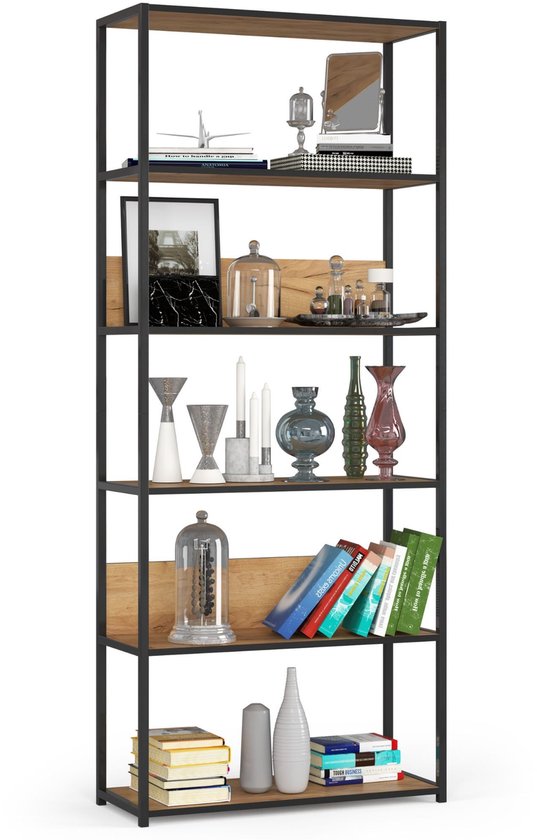 Open boekenkast in loftstijl met zwart metalen frame en 6 houten planken, gevuld met decoraties en boeken.