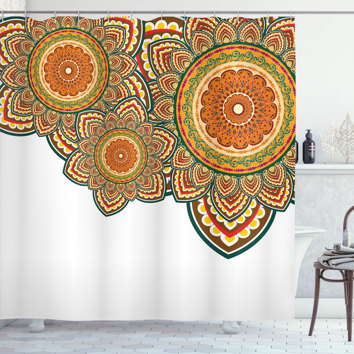 Nieuw bed, etnisch Paisley Oosters Oriëntaals, douchegordijn badkamerdecoratieset met haakjes, 175 cm B 220 cm L