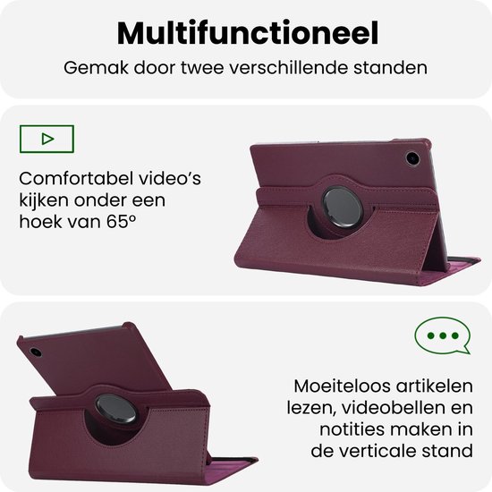 Paars tablethoesje in twee verschillende standen: liggend voor video's, staand voor lezen.